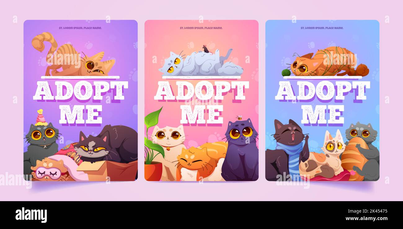 Adopt me posters with cute homeless cats in pet shelter. Funny fluffy