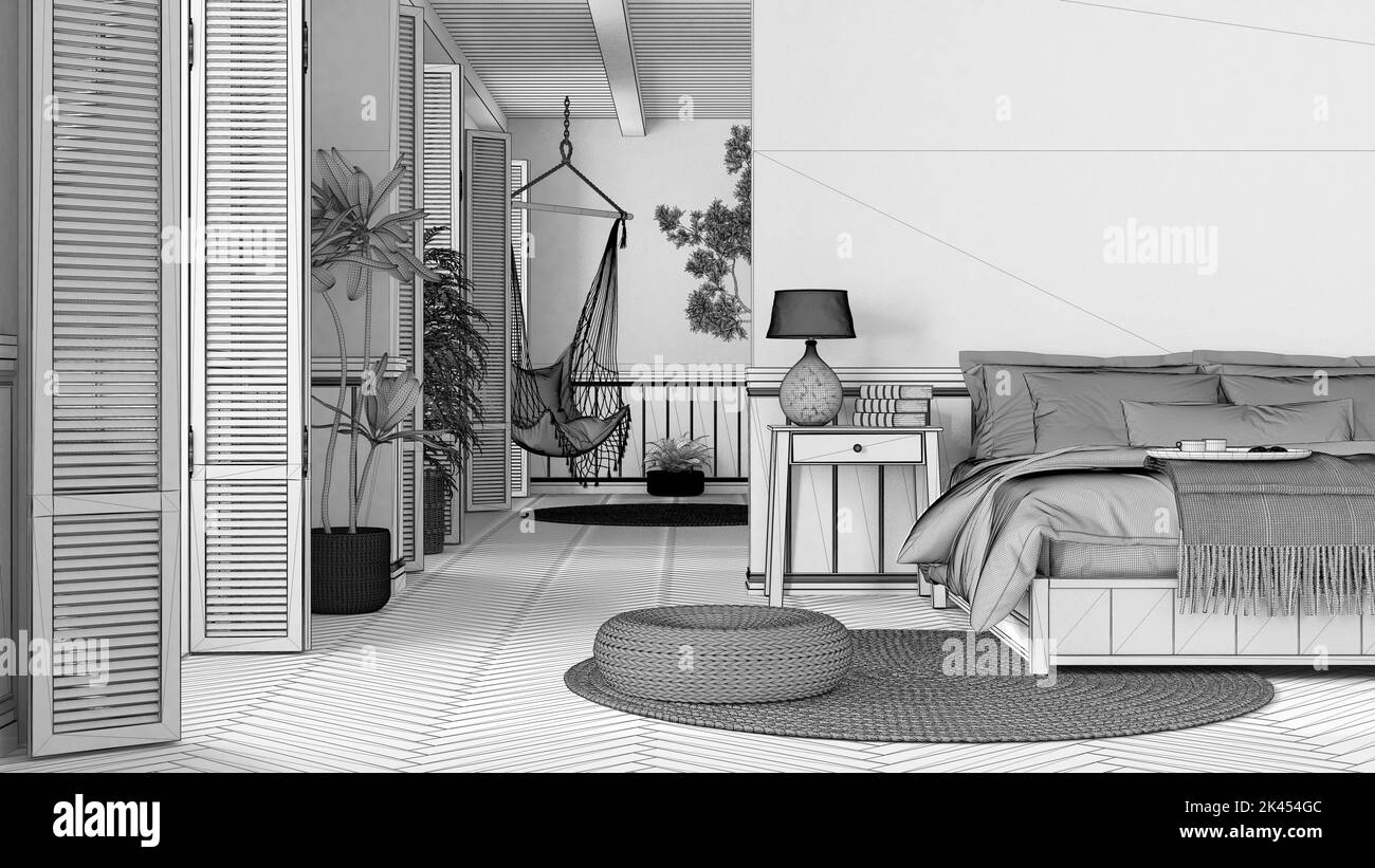 Black and white bedroom on sale with plants