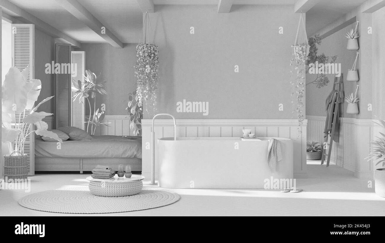 Total white project draft, bohemian wooden bathroom and bedroom in boho