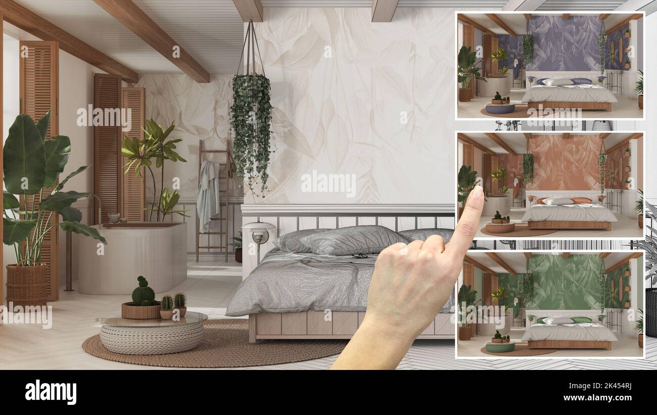 Architect designer concept, hand showing boho farmhouse bedroom and ...