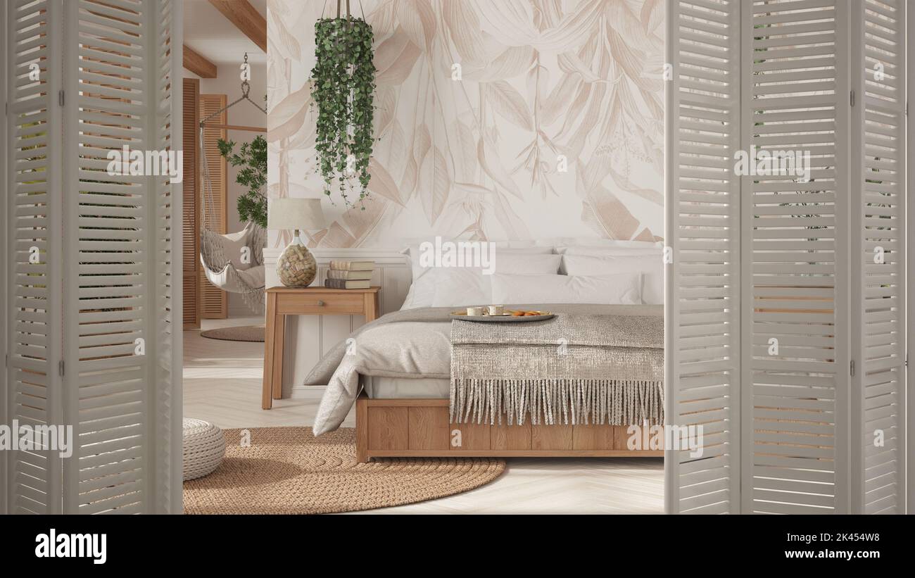 White folding door opening on bohemian wooden bedroom in boho style