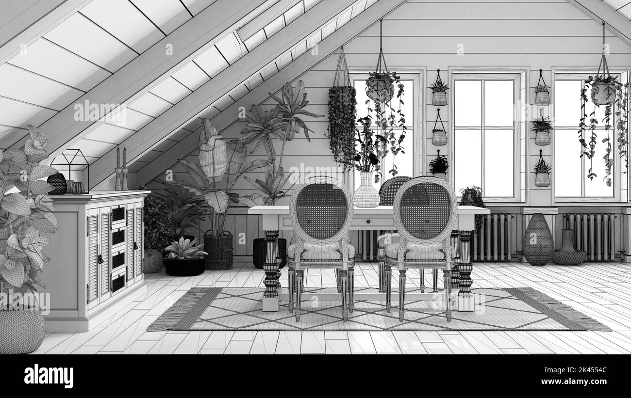 Blueprint unfinished project draft, bohemian mezzanine living room in boho style. Dining table and sideboard with gabled ceiling. Potted plants. Medit Stock Photo