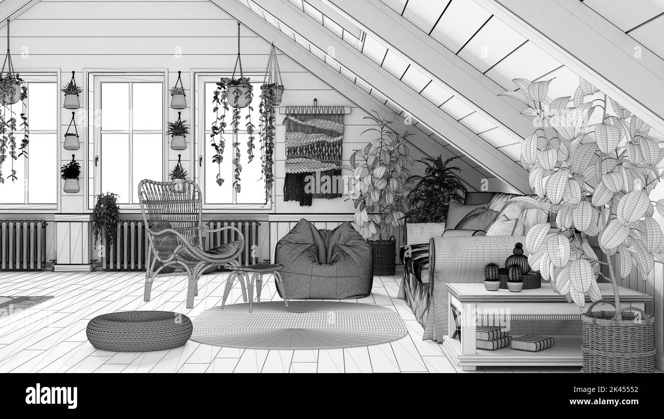 Blueprint unfinished project draft, farmhouse mezzanine living room in