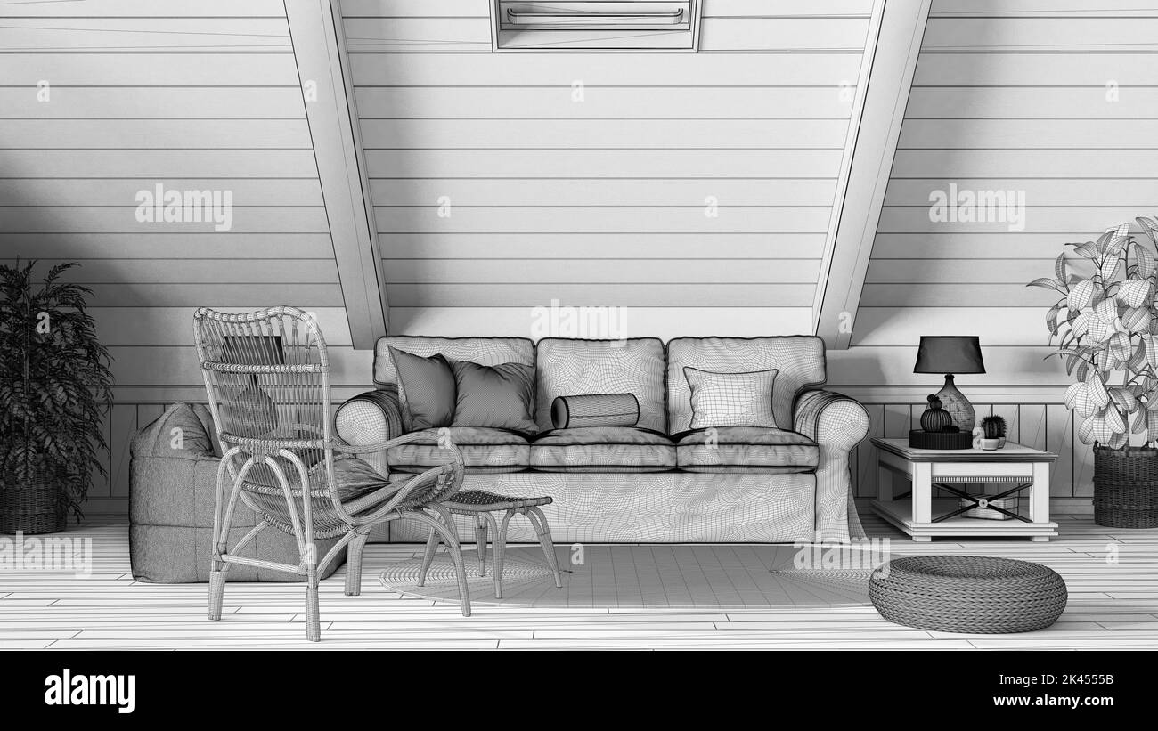 Blueprint unfinished project draft, country mezzanine living room in