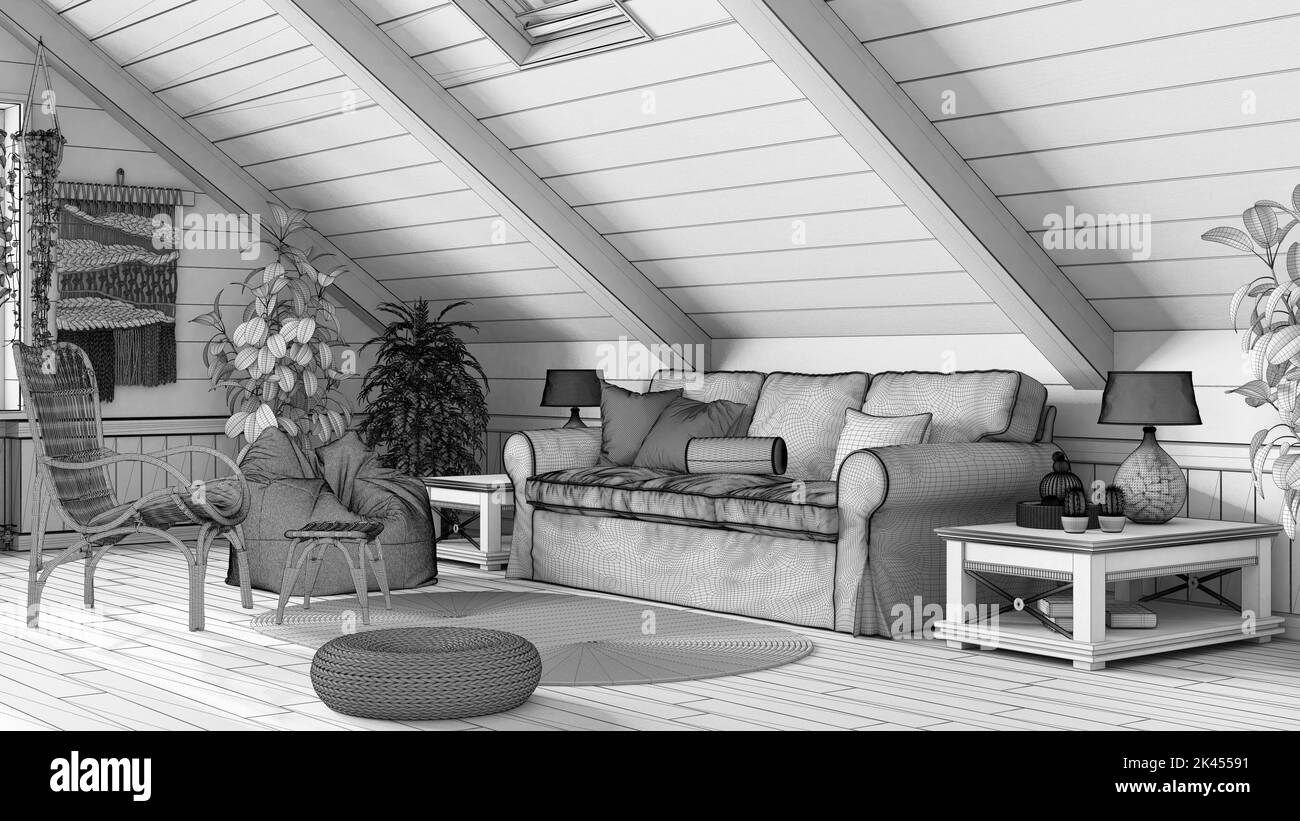 Blueprint unfinished project draft, country mezzanine living room in