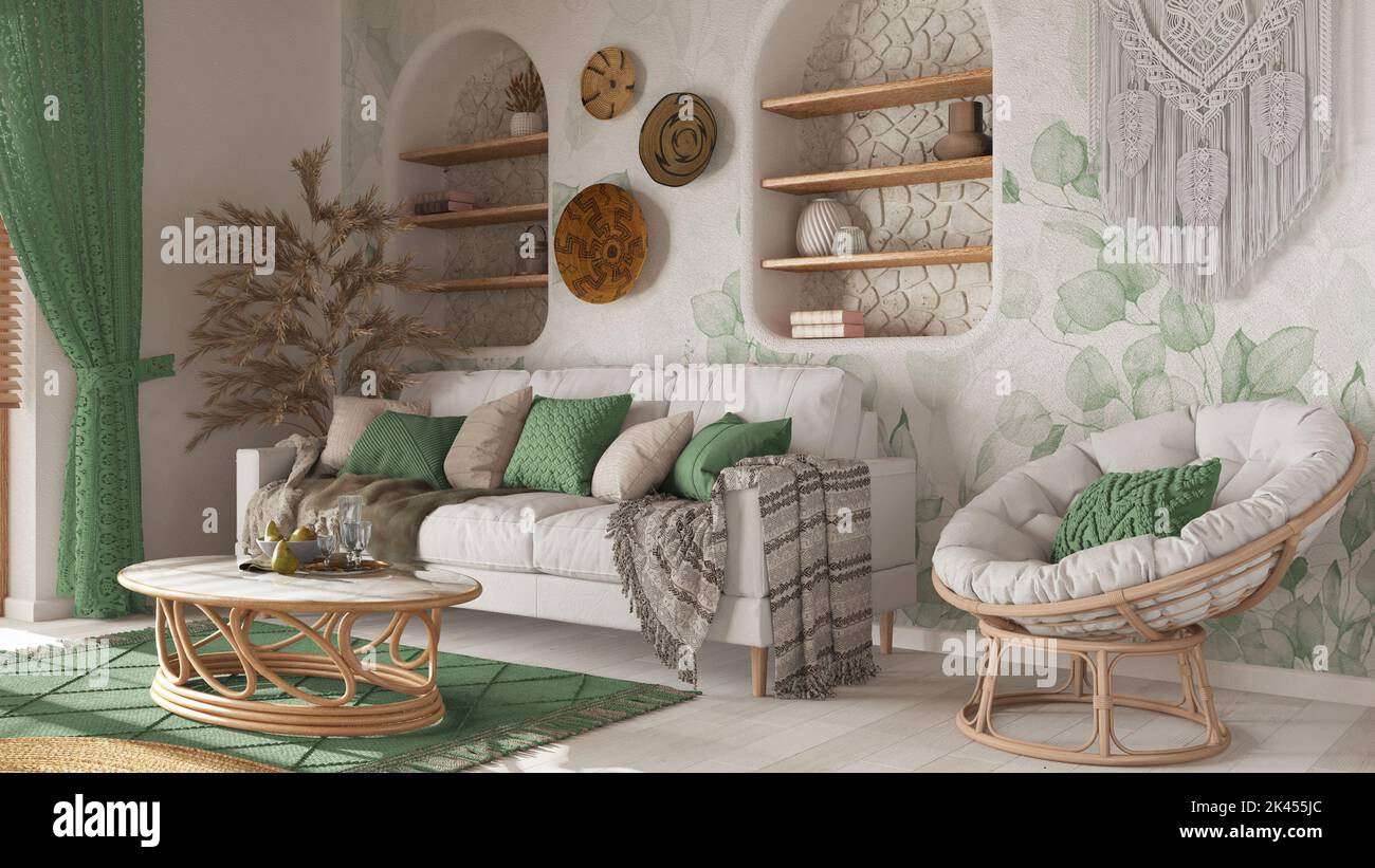 Wooden living room in boho style with wallpaper and parquet. Sofa, jute  carpet and rattan armchair and table in white and green tones. Bohemian  interi Stock Photo - Alamy, image size:1300x821