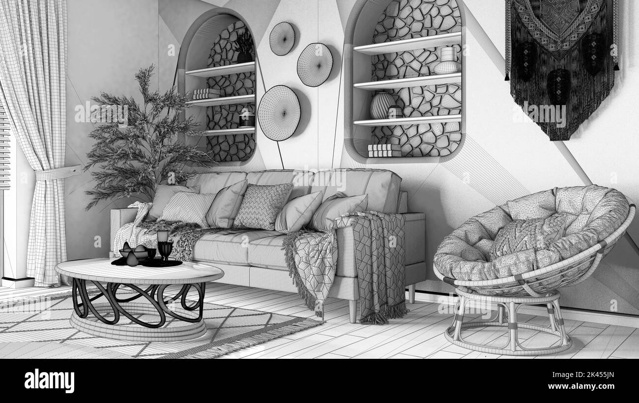 Blueprint unfinished project draft, wooden living room in boho style with wallpaper and parquet. Sofa, jute carpet and rattan armchair and table. Bohe Stock Photo