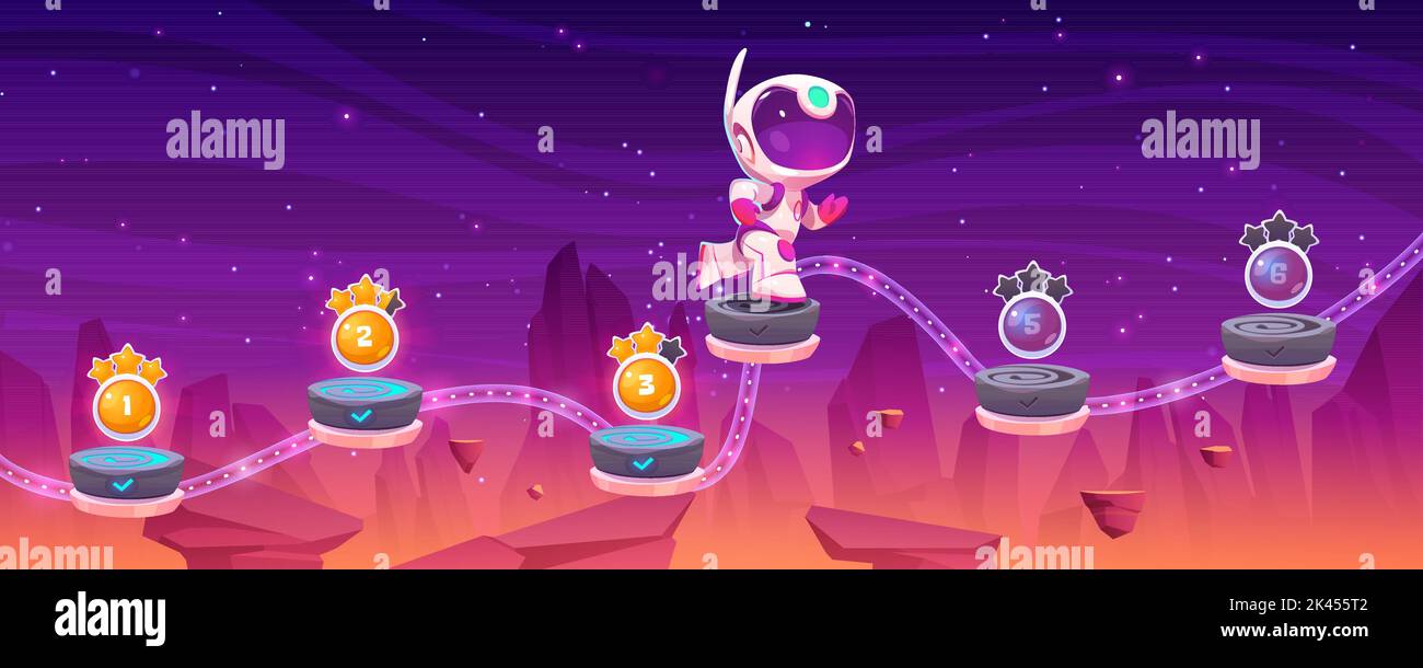 Level map for cosmic game with little astronaut run on flying platforms with numbers of stages. Futuristic alien planet landscape and cute spaceman, v Stock Vector