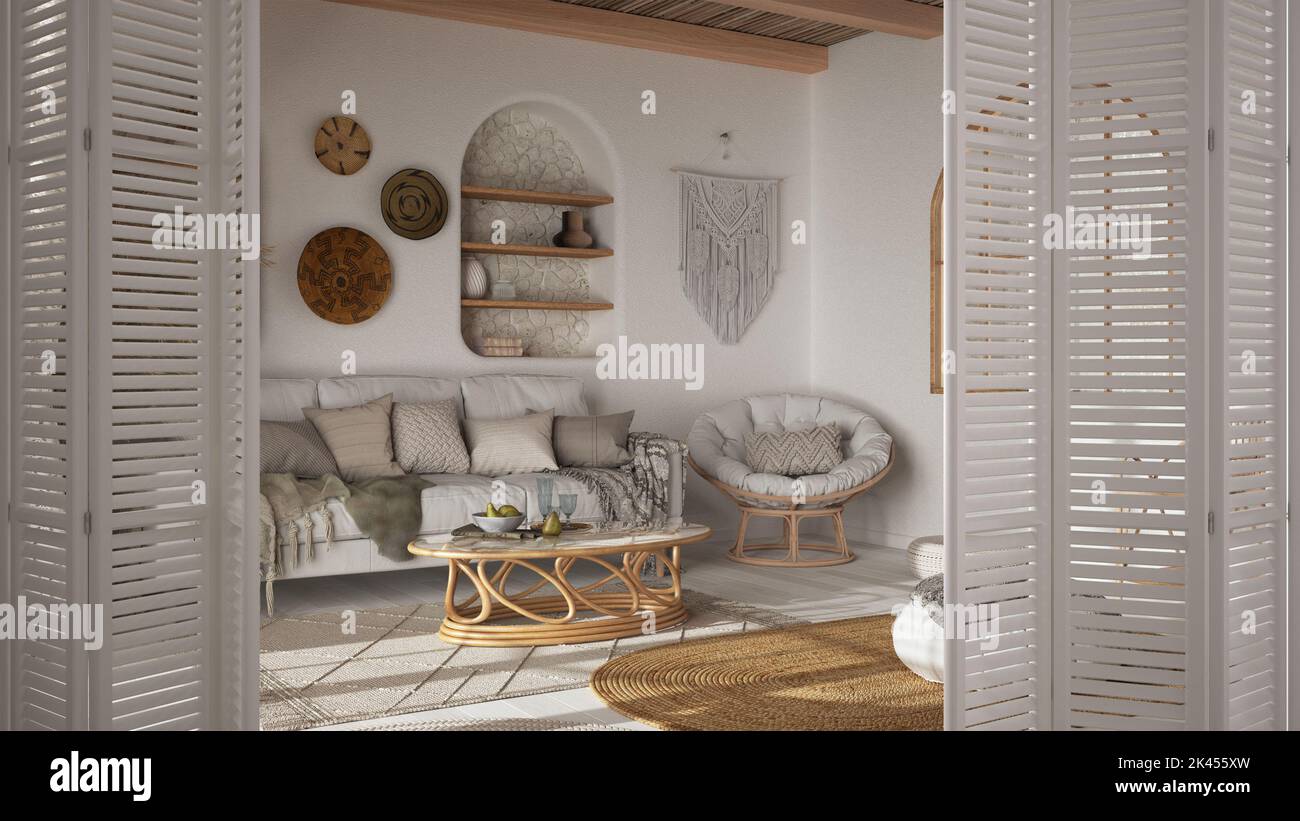 White Folding Door Opening On Country Bohemian Living Room With Rattan And Wooden Furniture Jute Carpet And Fabric Sofa Boho Interior Design Archit 2K455XW 