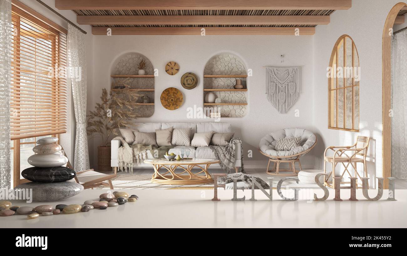 White table shelf with pebble balance over bohemian living room in boho ...