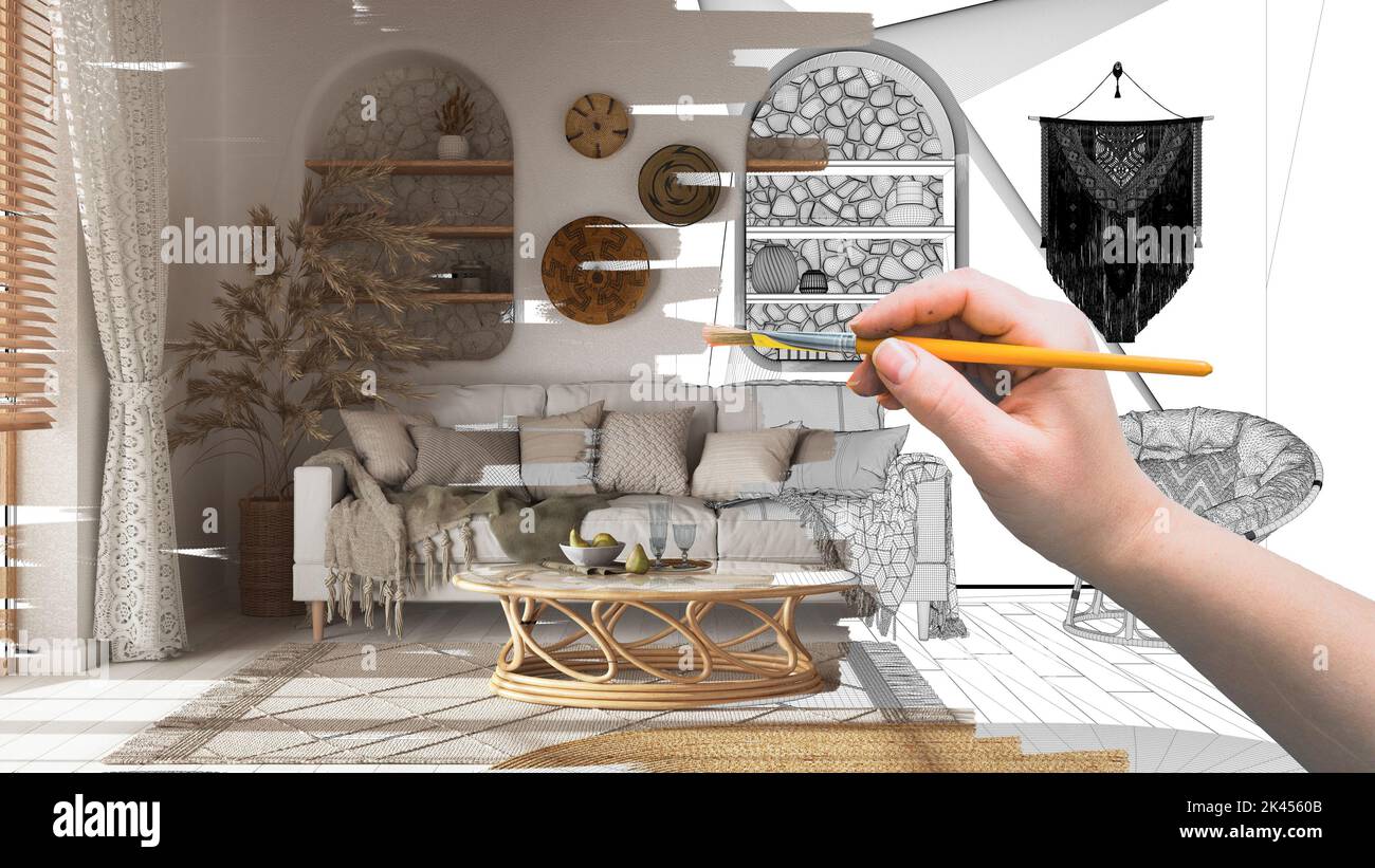 Blueprint project draft, sketch of bohemian wooden living room in boho