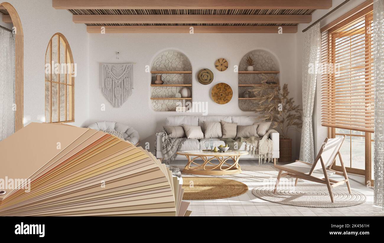 Color palette close up sample. Paint selection catalog over interior