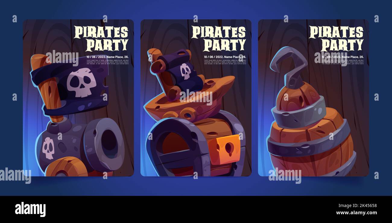 Pirate party posters, invitation flyers with old wooden treasure chest