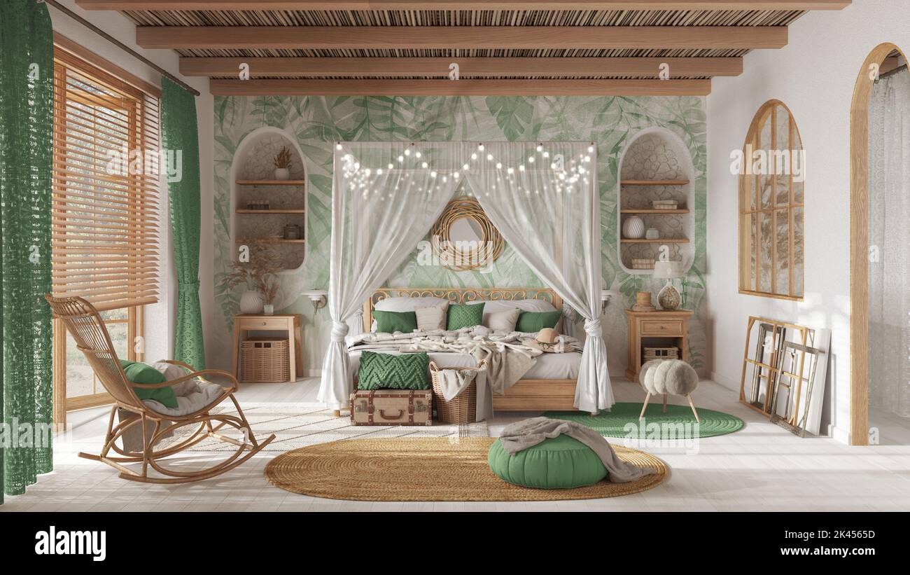 Bohemian bedroom with canopy bed in white and green pastel tones ...