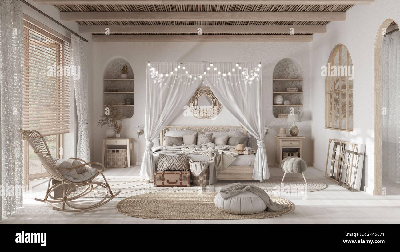Bohemian bedroom with canopy bed in white tones. Parquet, plaster walls
