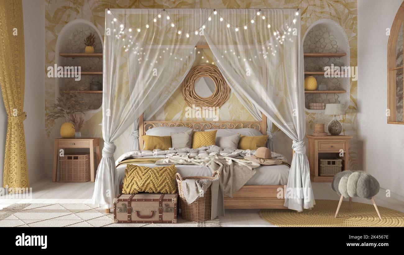 Bohemian bedroom with canopy bed in white and yellow tones. Parquet
