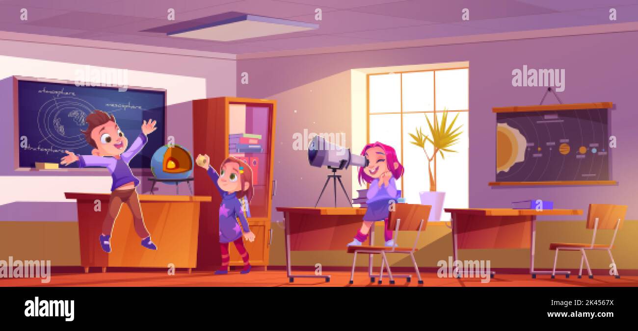 Kids in astronomy lesson in school classroom with blackboard, poster