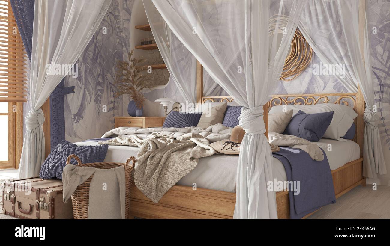 Bedroom close up with canopy bed in white and purple tones. Natural  wallpaper, blankets, duvet and pillows. Bohemian rattan and wooden  furniture. Boho Stock Photo - Alamy