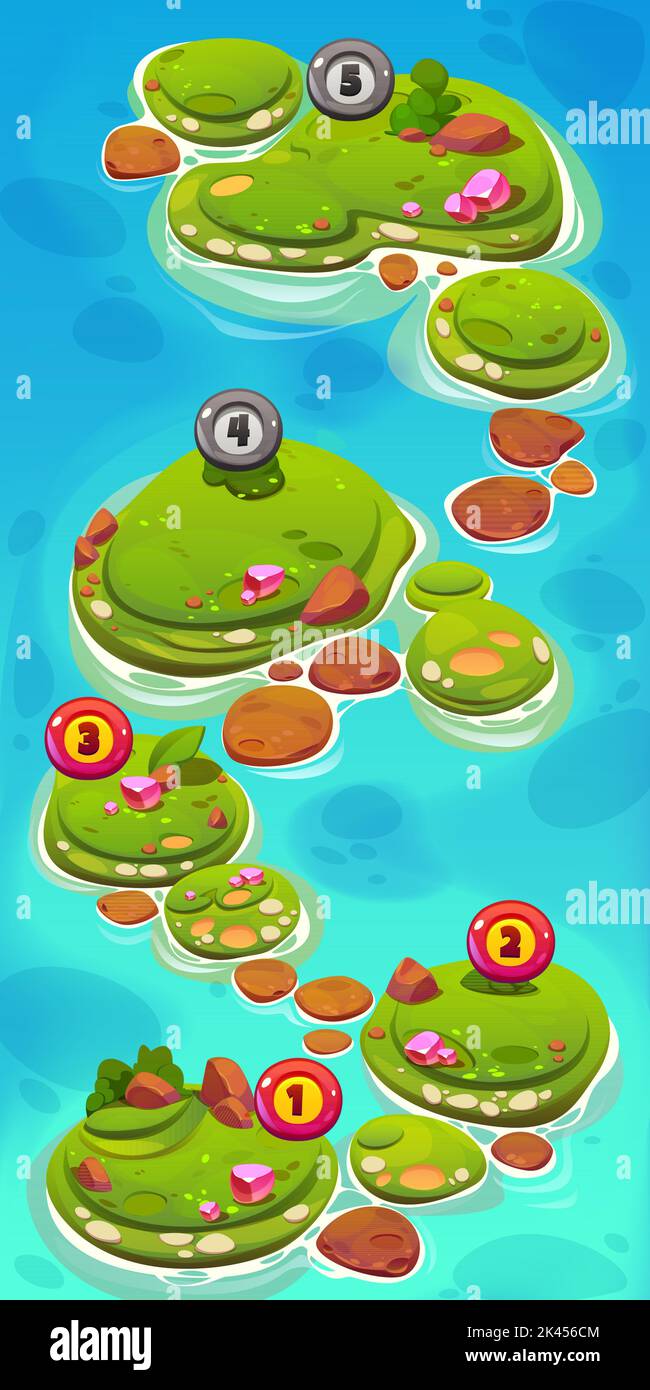 Game level map with green islands in sea and icons with numbers. Top