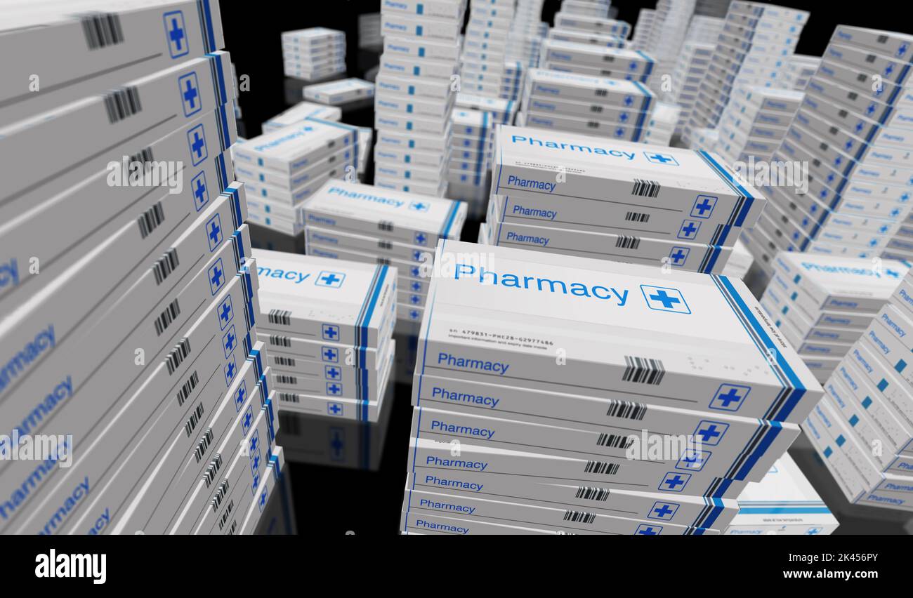 Pharmacy, medicine and healthcare box production line. Emergency and medical help pills pack factory. Abstract concept 3d rendering illustration. Stock Photo