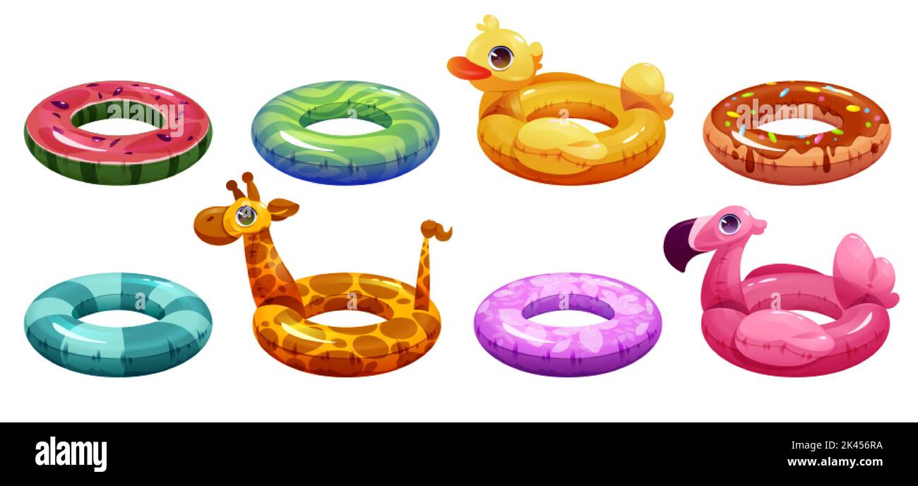 Inflatable rubber rings for swim in pool or sea. Colorful circle float