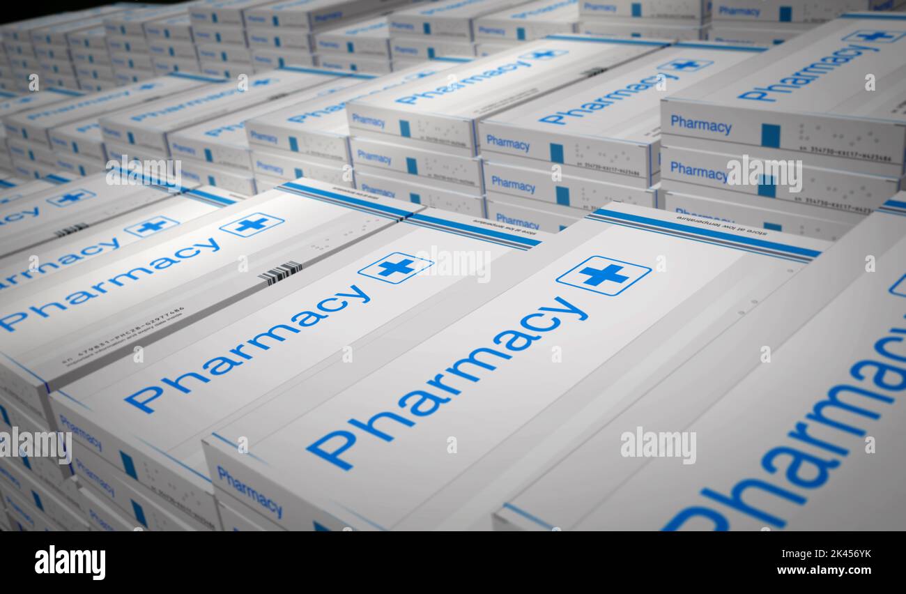 Pharmacy, medicine and healthcare box production line. Emergency and medical help pills pack factory. Abstract concept 3d rendering illustration. Stock Photo