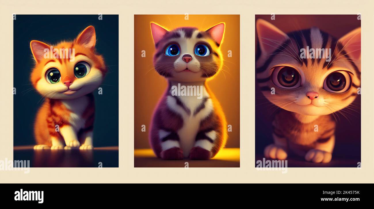 Cute baby cat Pixar Dreamworks Character. 3d digital art for wall decor Stock Photo