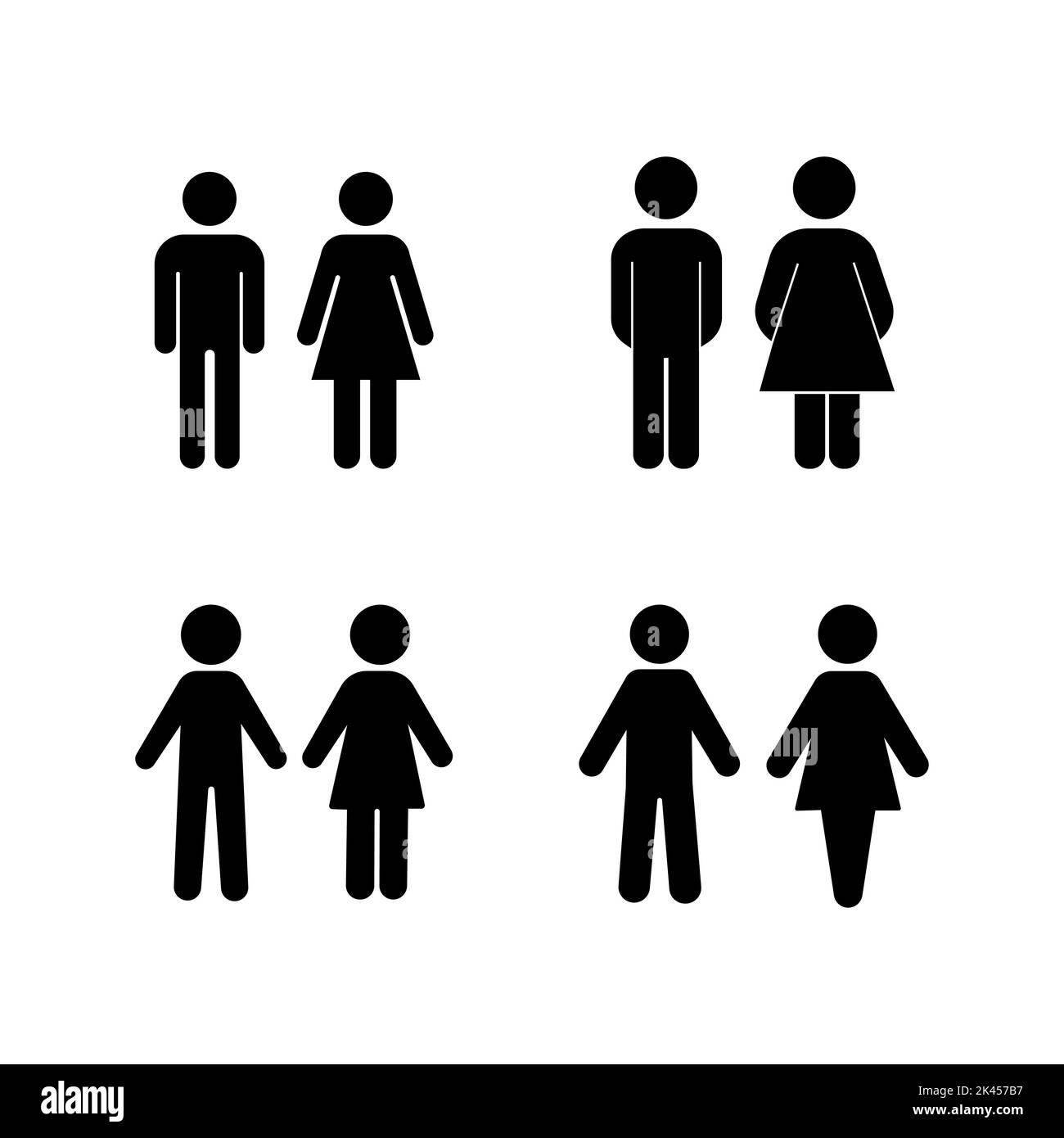 Man and woman person avatar icon set. Male and female gender profile symbol. Men and women wc logo. Toilet and bathroom sign. Black silhouette isolate Stock Vector