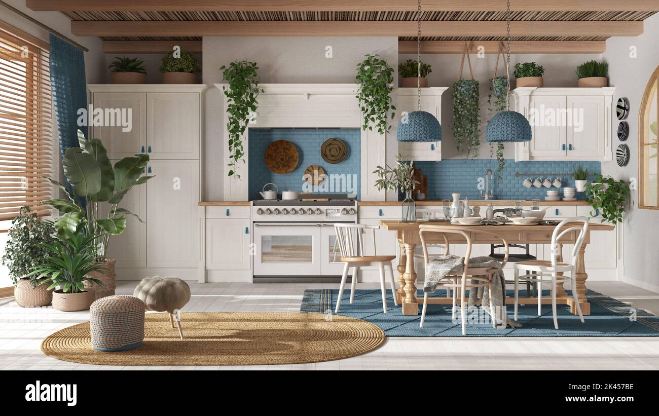 Wooden country kitchen in white and blue tones.Dining table, carpet and