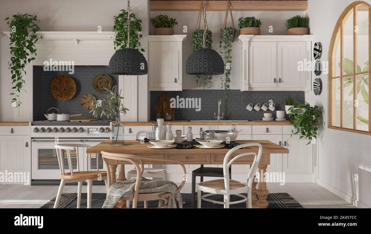 Dining table and kitchen in wooden scandinavian boho style. Table