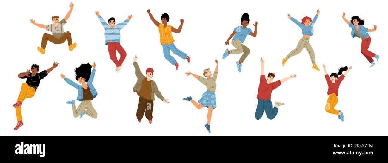 Happy people jump with raised arms, cheerful male and characters win, feel positive emotions, rejoice, celebrate victory or success. Laughing teens, m Stock Vector