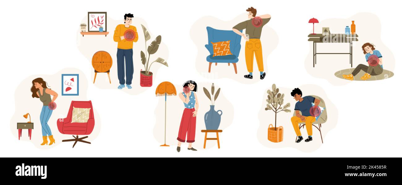 People suffering of ache in different body parts neck, leg, back, knee