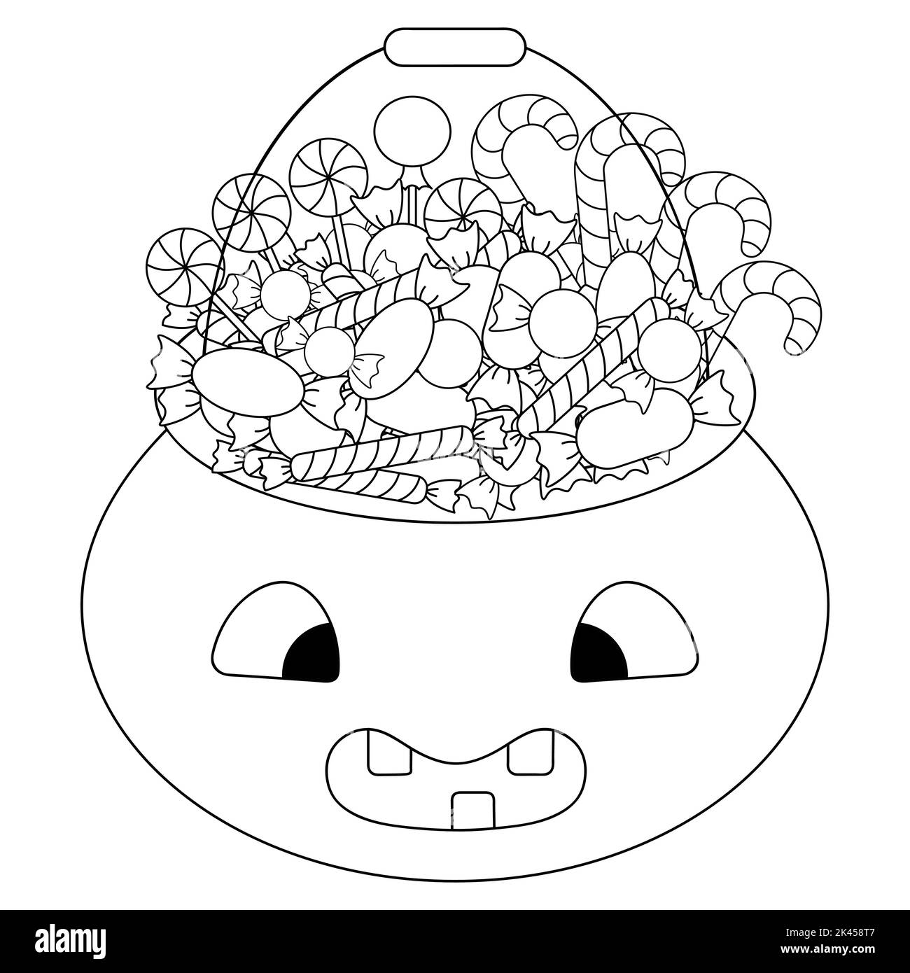 A pot with sweets. Pumpkin-shaped bucket. Trick or treat. Vector illustration collection. Outline on an isolated white background. Doodle style. Stock Vector