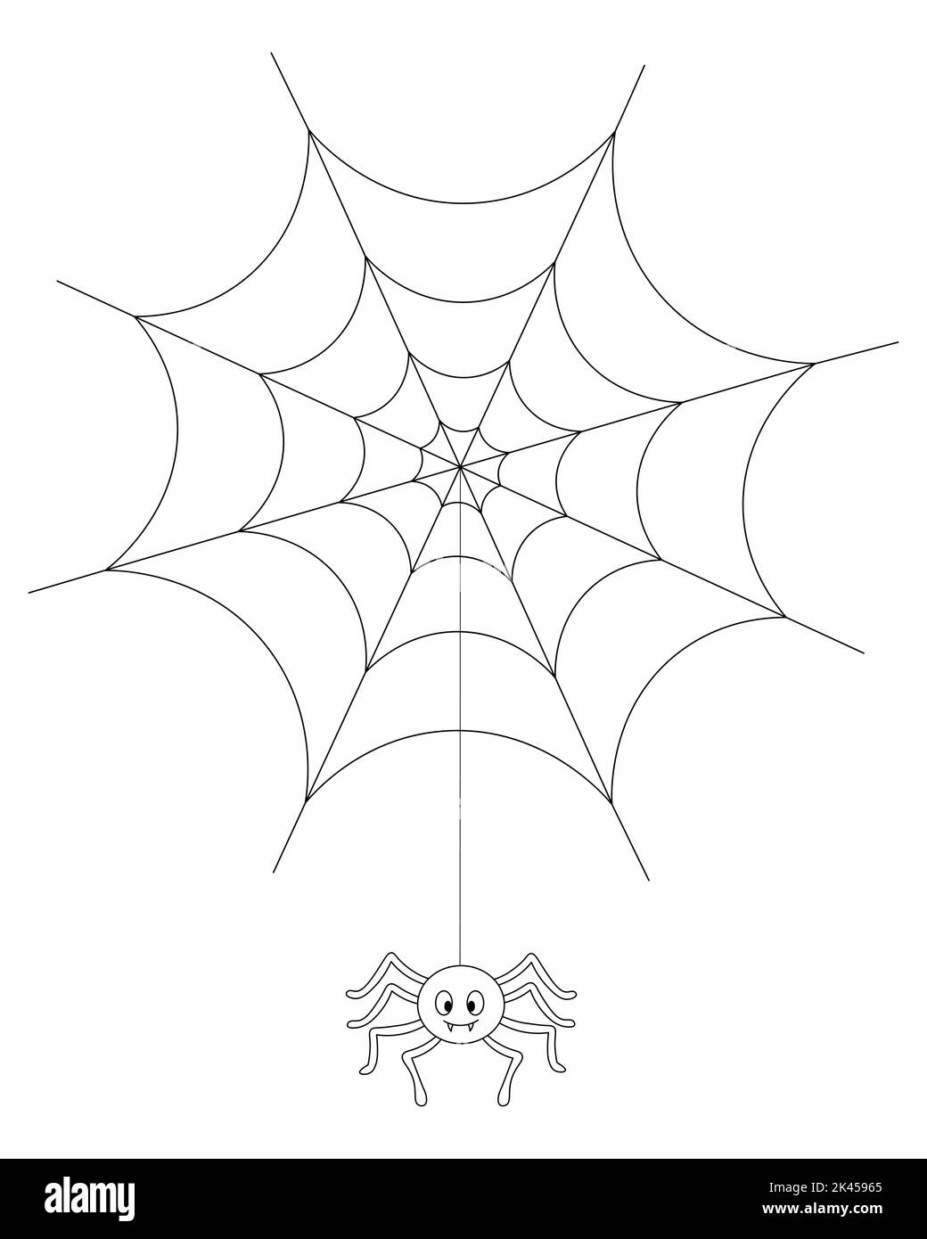 The spider weaves a web. The insect hangs on a thin thread. Vector illustration. Outline on an isolated white background. Doodle style. Coloring book Stock Vector