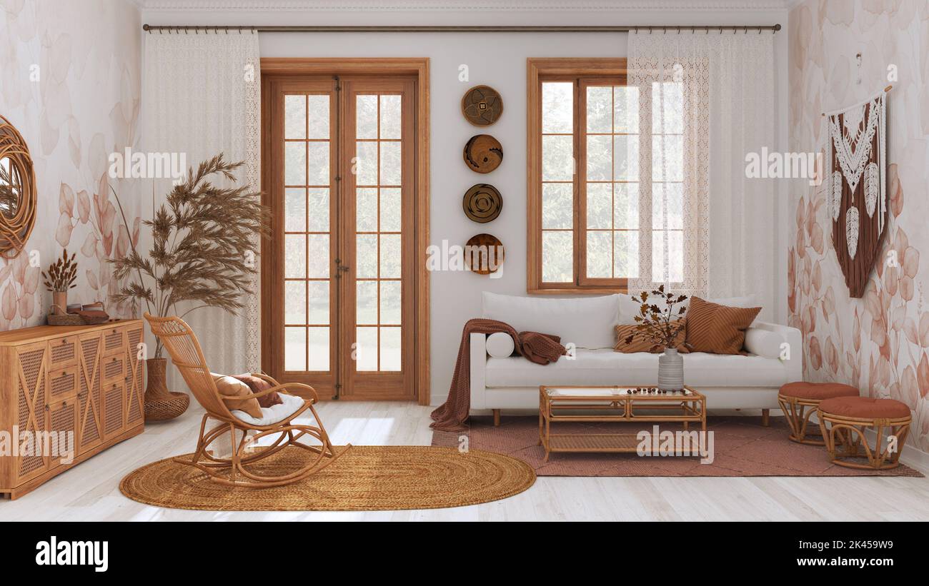 Farmhouse wooden living room in orange and white tones, Sofa, rattan