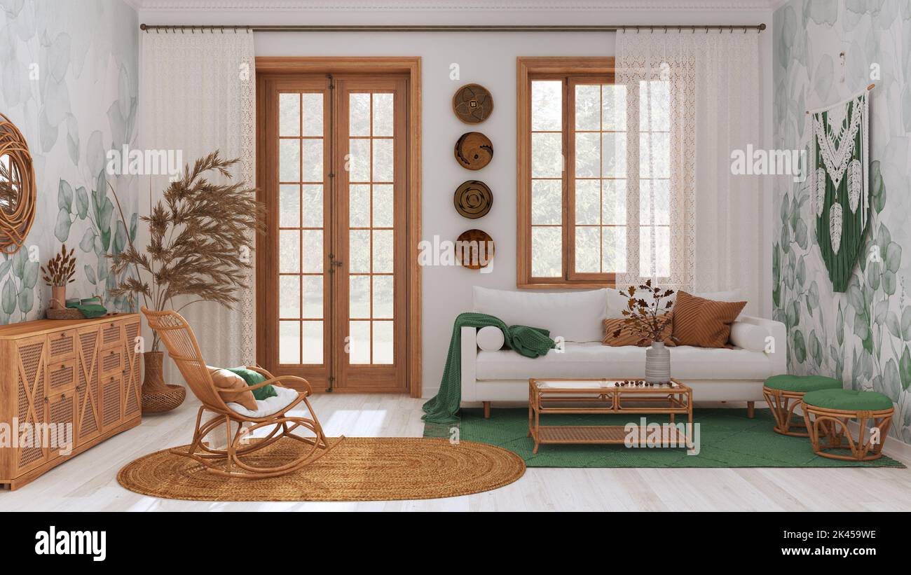 Farmhouse wooden living room in green and white tones, Sofa, rattan