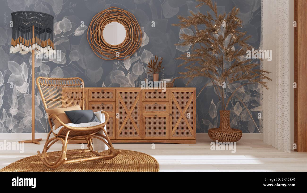 Boho chic living room, rattan chest of drawer and rocking chair on jute