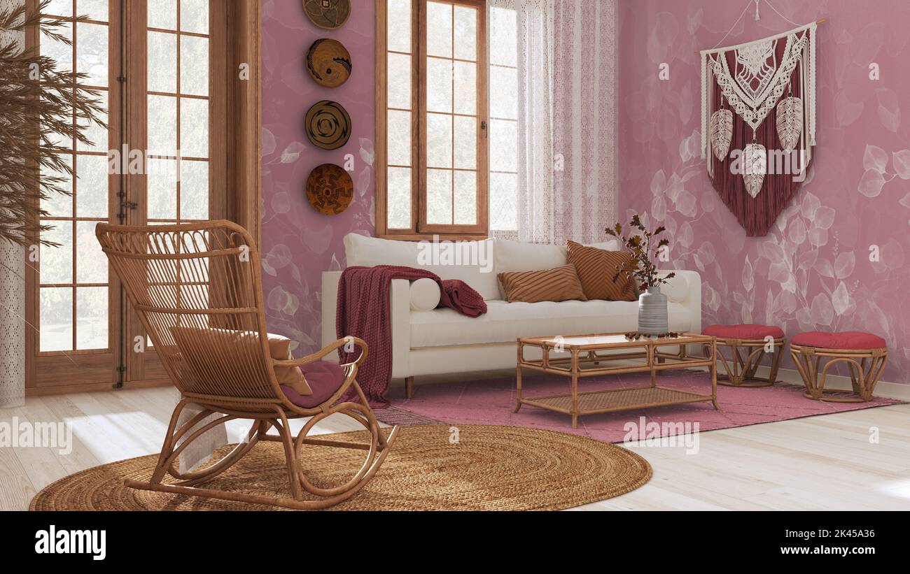Vintage living room in boho chic style in white and red tones. Sofa and  rattan rocking chair on jute carpet. Bohemian interior design Stock Photo -  Alamy
