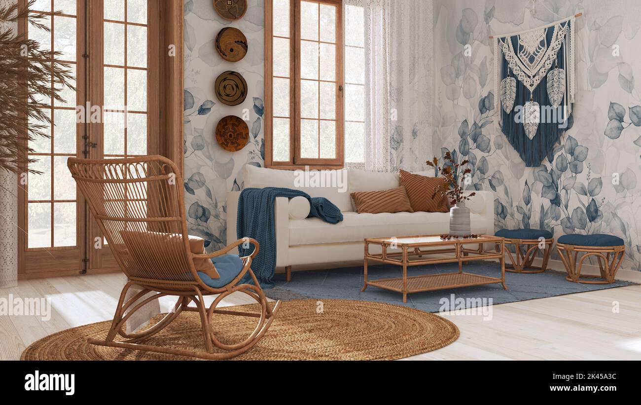 Vintage living room in boho chic style in white and blue tones. Sofa ...