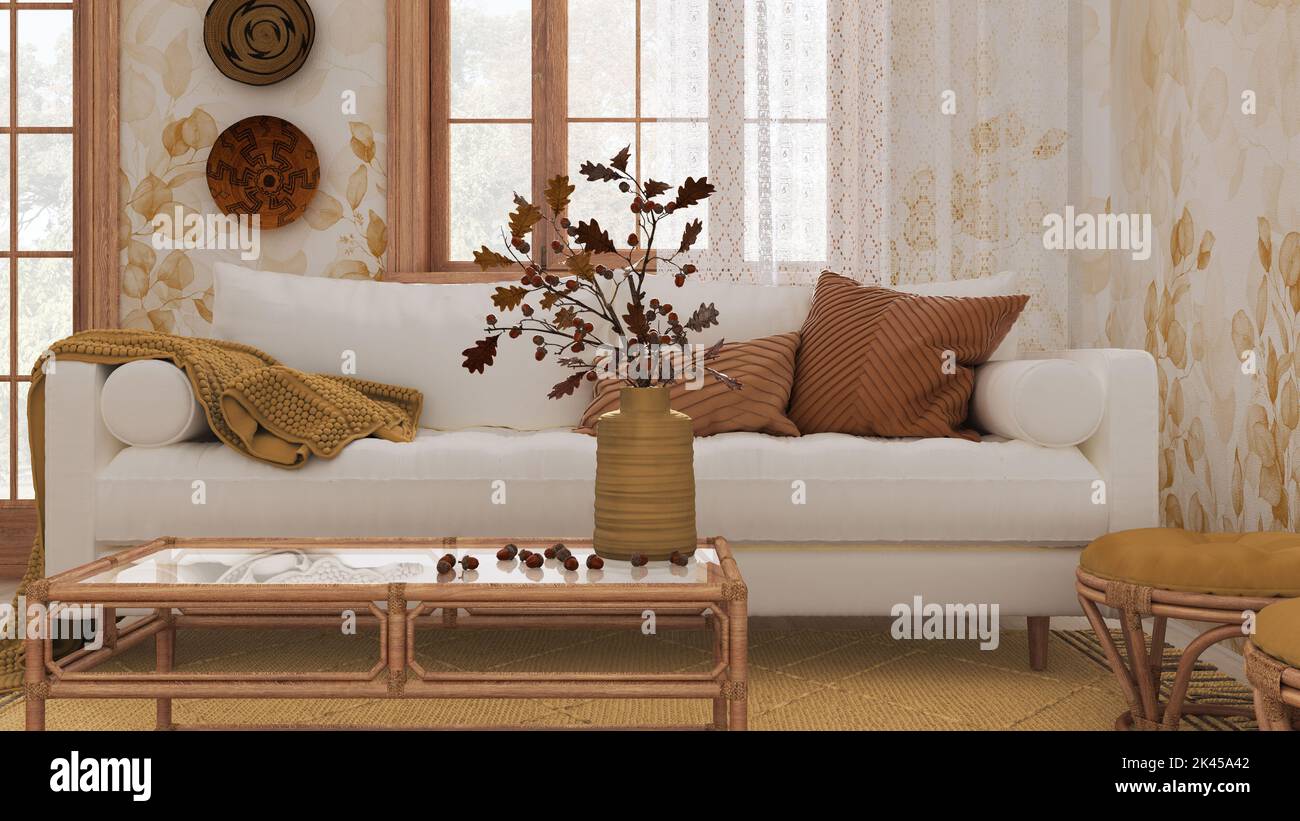 Retro living room in white and yellow tones closeup. Sofa, rattan table  with autumn decors. Boho chic design, fall interior concept Stock Photo -  Alamy