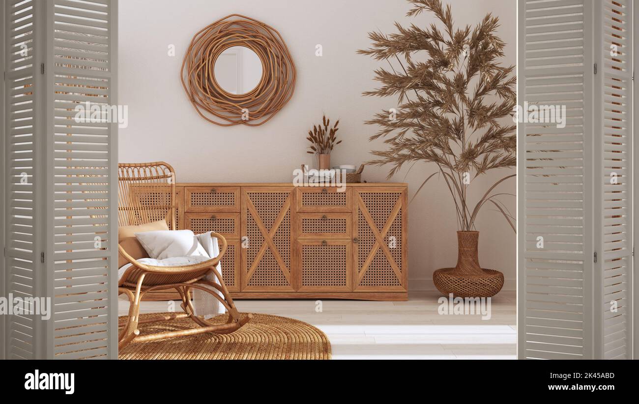 White Folding Door Opening On Country Bohemian Living Room With Rattan And Wooden Furniture Jute Carpet And Fabric Sofa Boho Interior Design Archit 2K45ABD 