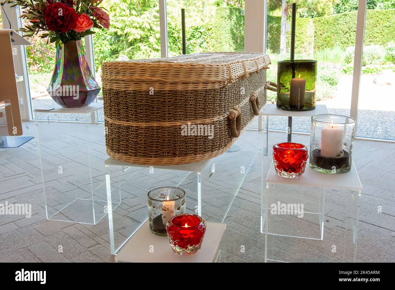 A wicker coffin in a funeral home Stock Photo Alamy