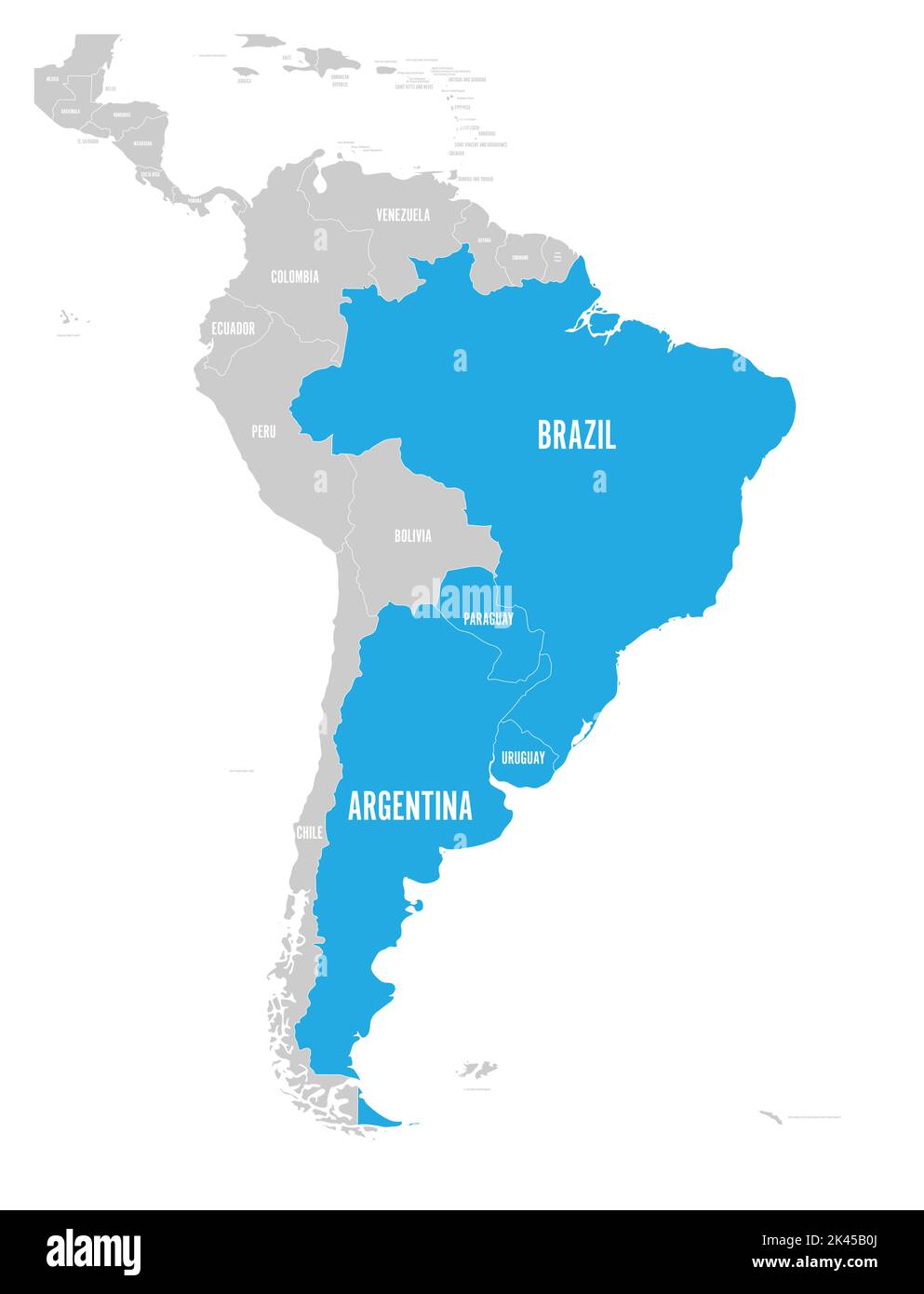 Map of MERCOSUR countires. South american trade association. Blue highlighted member states Brazil, Paraguay, Uruguay and Argetina. Since December Stock Vector