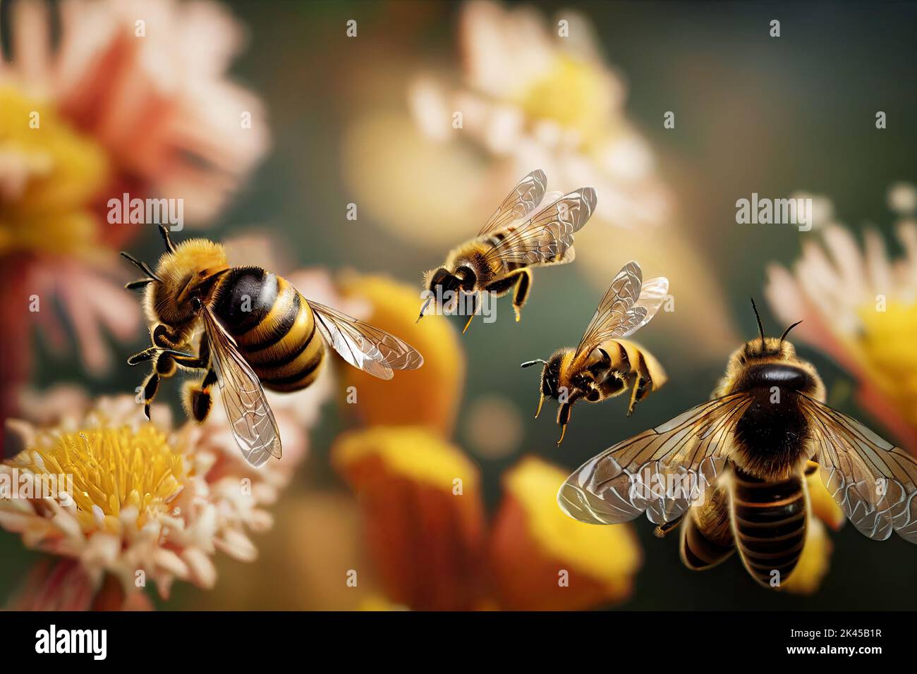 busy honey bees pollinate on flowers. Apis mellifera ligustica species