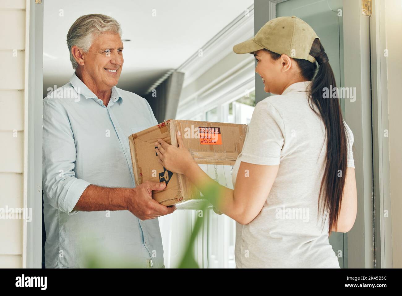 Door delivery, courier box and people for e commerce service with trust