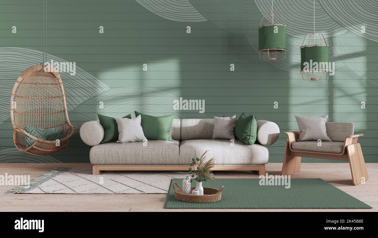 Japandi living room in white and green tones with copy space. Sofa and