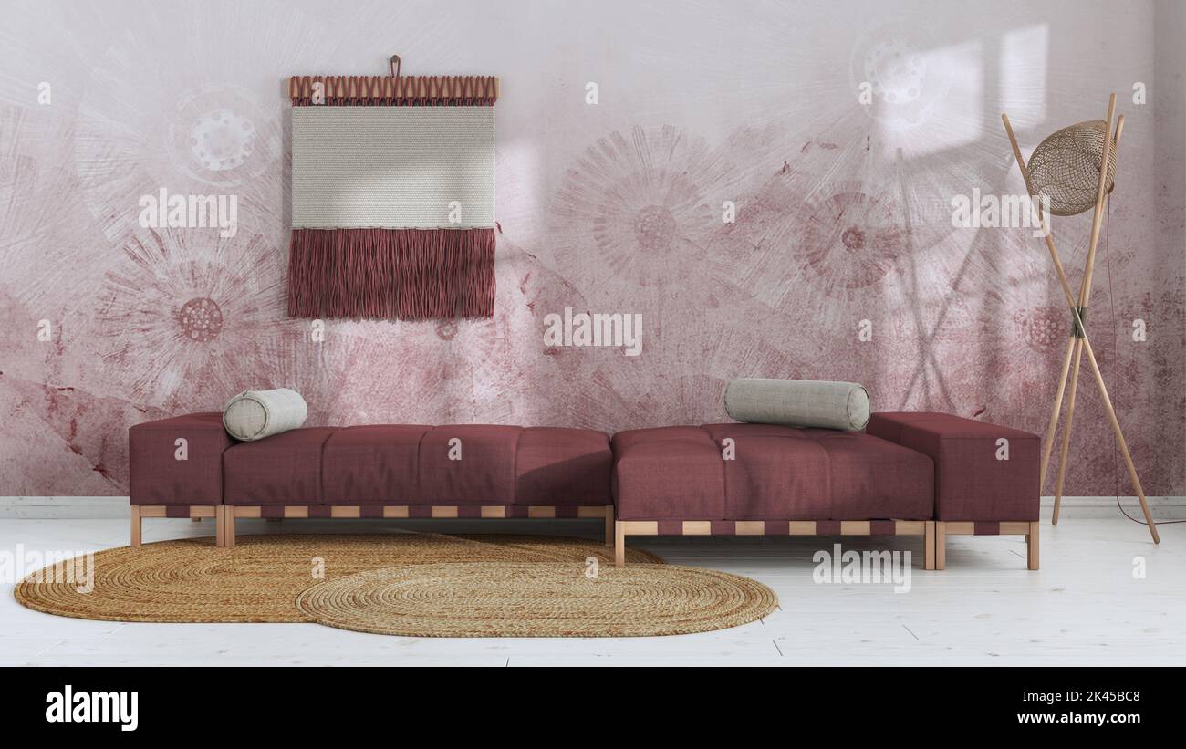 Wabi sabi living room in white and red tones with decorated plaster ...