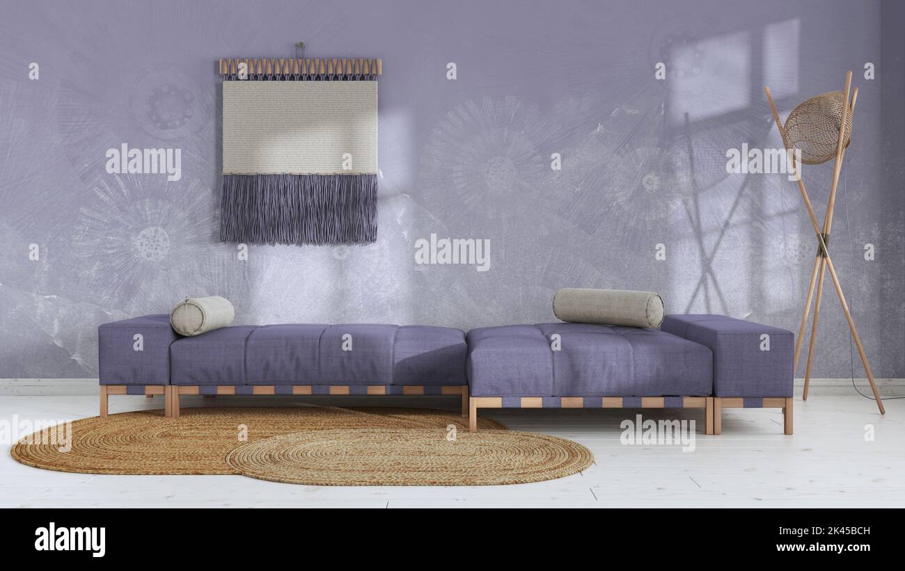 Wabi sabi living room in white and purple tones with decorated plaster ...