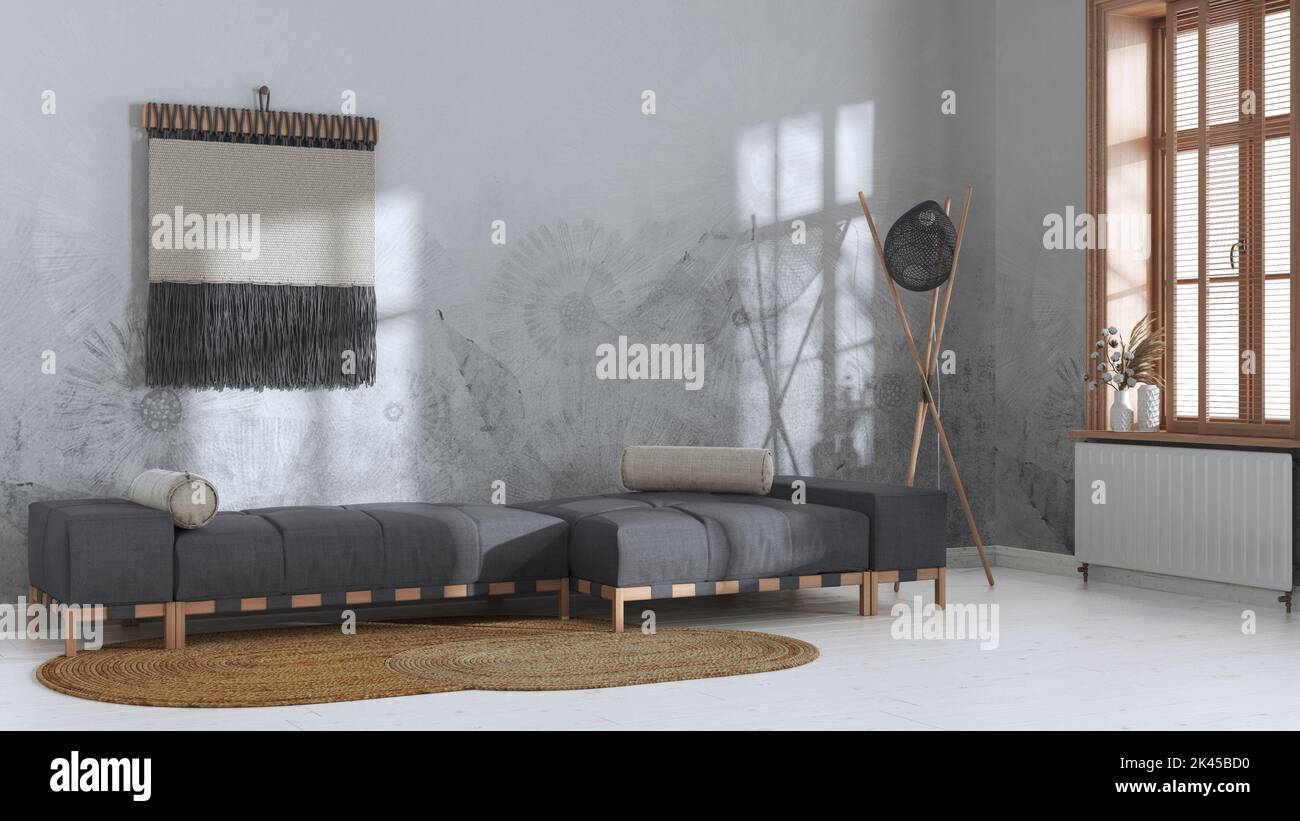 Japandi living room in white and gray tones with decorated plaster wall