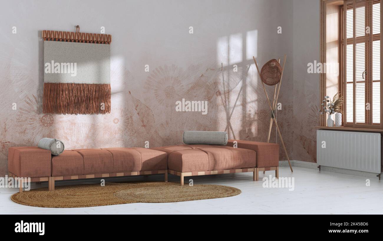 Japandi living room in white and orange tones with decorated plaster ...